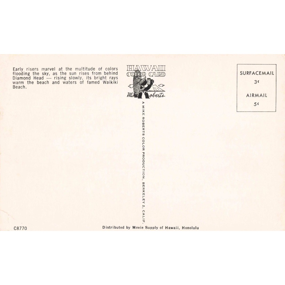 Vintage Sunrise Over Diamond Head Hawaii Postcard Mike Roberts C8770 Unposted - Picture 2 of 2